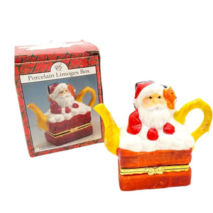 Small Porcelain Santa Hinged Trinket Box Christmas Tea Pot Porcelain Holiday Jew